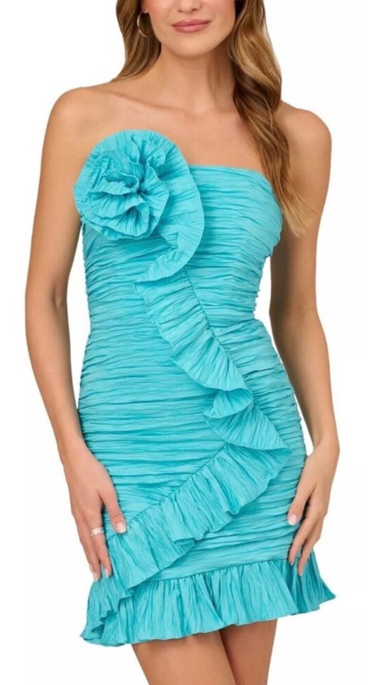 Liv Foster Turquoise Crushed Taffeta Rosette Strapless Cocktail Dress 12 US NWOT